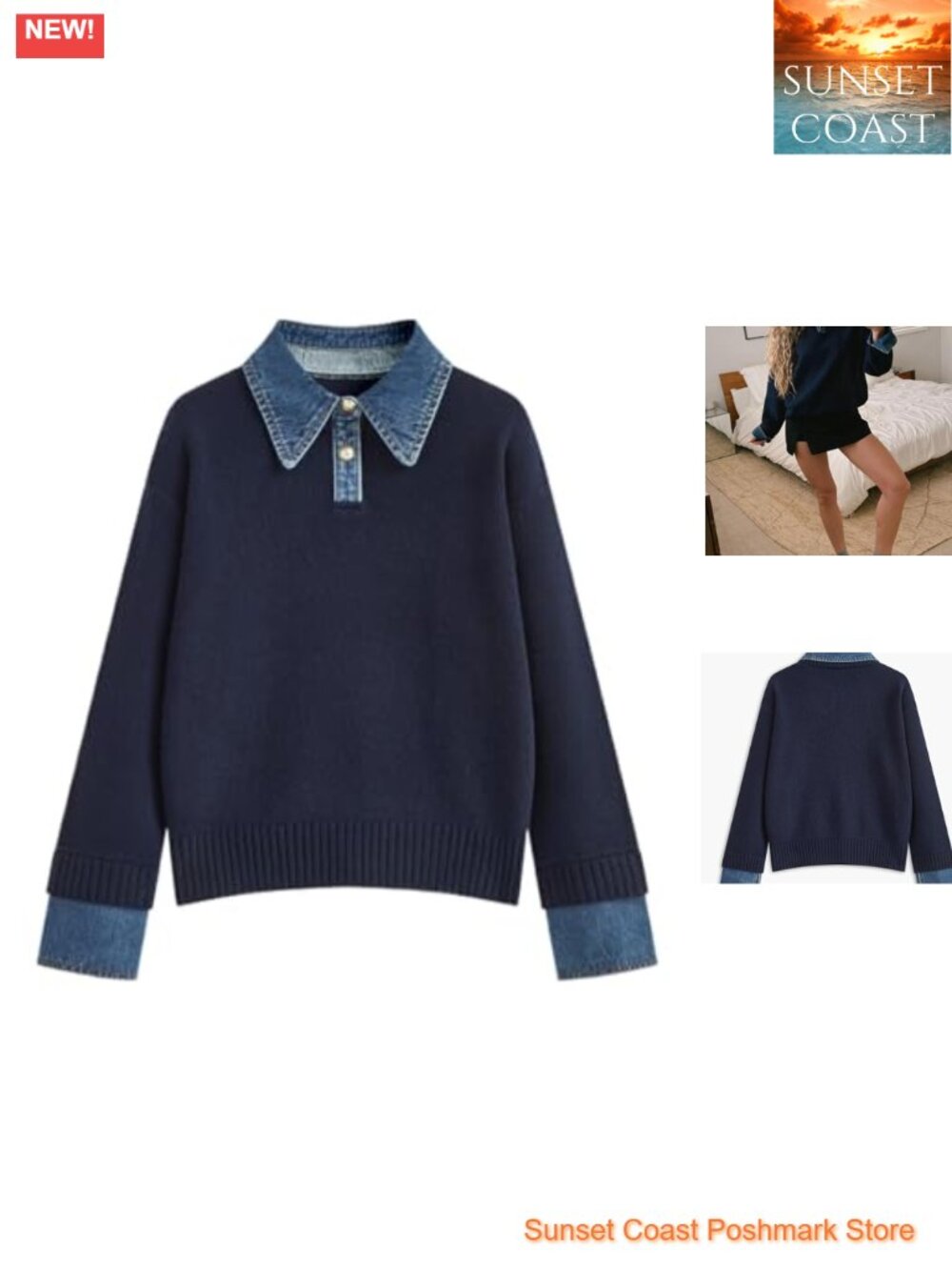 Oversized Polo Sweater Button Up Denim Collar Long Sleeve Knit Pullover Top